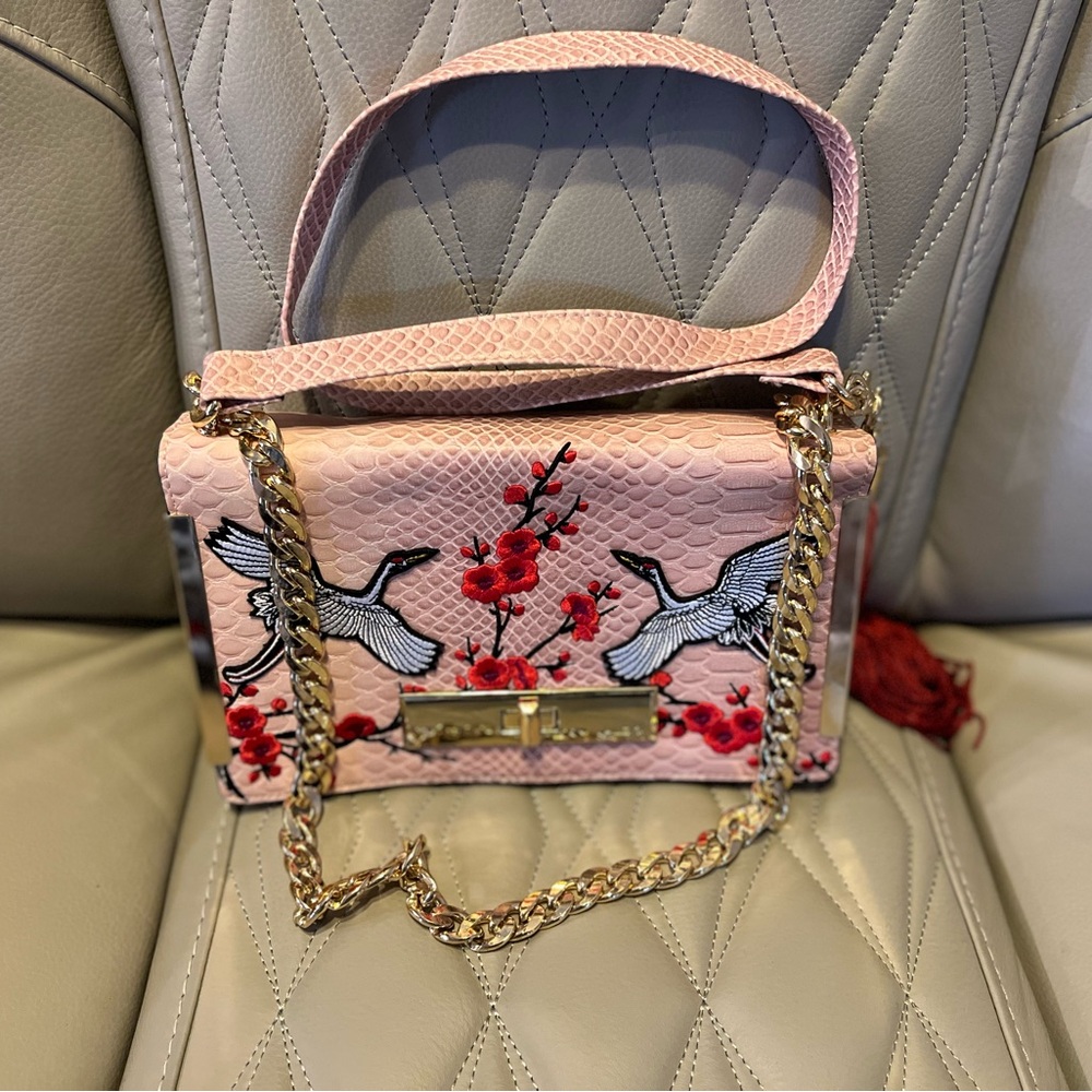 Aldo Pink and Red Floral Clutch with Gold Chain